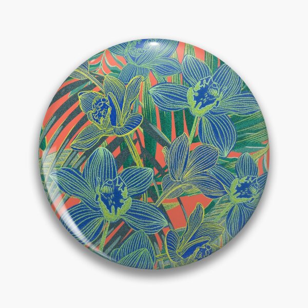 Item preview, Copy of tropical pattern with yellow and green and blue exotic foliage with acid orchids on orange background designed and sold by ANAKOTO.