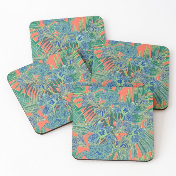 Item preview, Copy of tropical pattern with yellow and green and blue exotic foliage with acid orchids on orange background designed and sold by ANAKOTO.