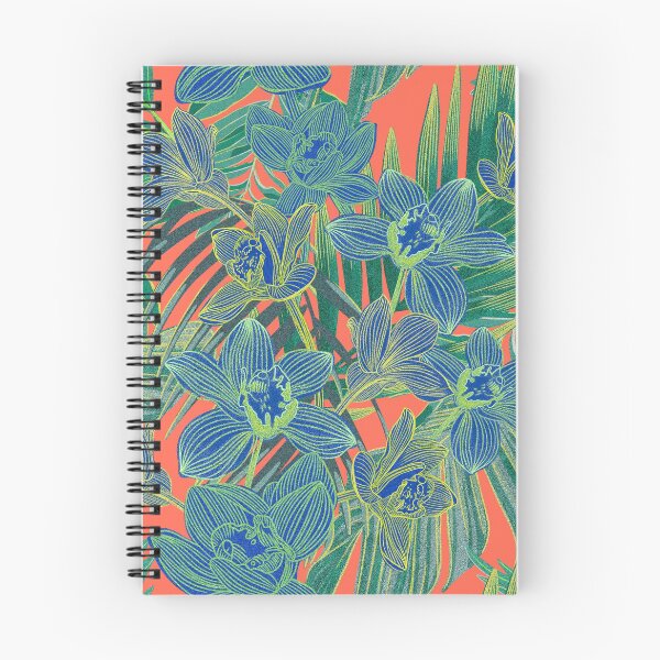 Item preview, Copy of tropical pattern with yellow and green and blue exotic foliage with acid orchids on orange background designed and sold by ANAKOTO.