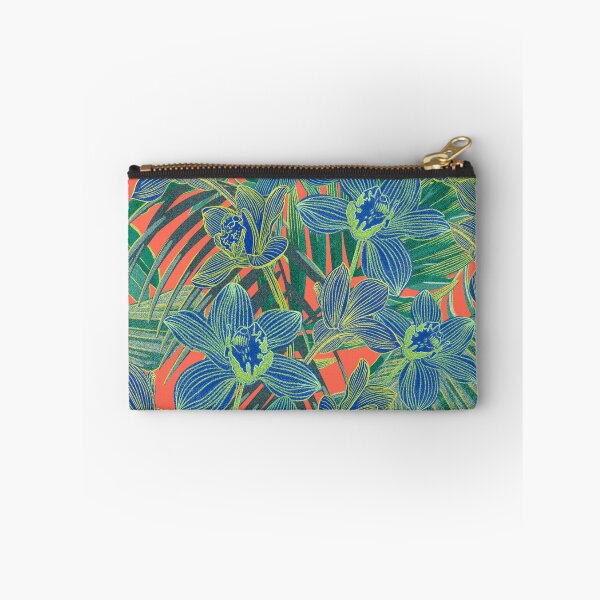 Item preview, Copy of tropical pattern with yellow and green and blue exotic foliage with acid orchids on orange background designed and sold by ANAKOTO.