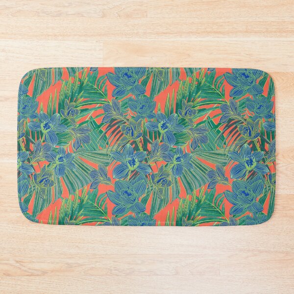 Item preview, Copy of tropical pattern with yellow and green and blue exotic foliage with acid orchids on orange background designed and sold by ANAKOTO.