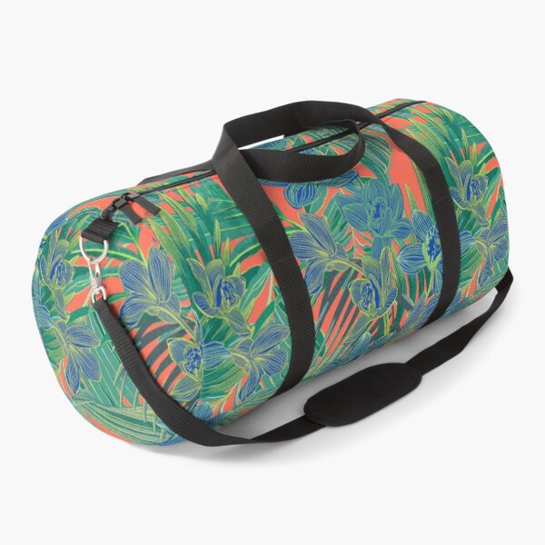 Item preview, Copy of tropical pattern with yellow and green and blue exotic foliage with acid orchids on orange background designed and sold by ANAKOTO.