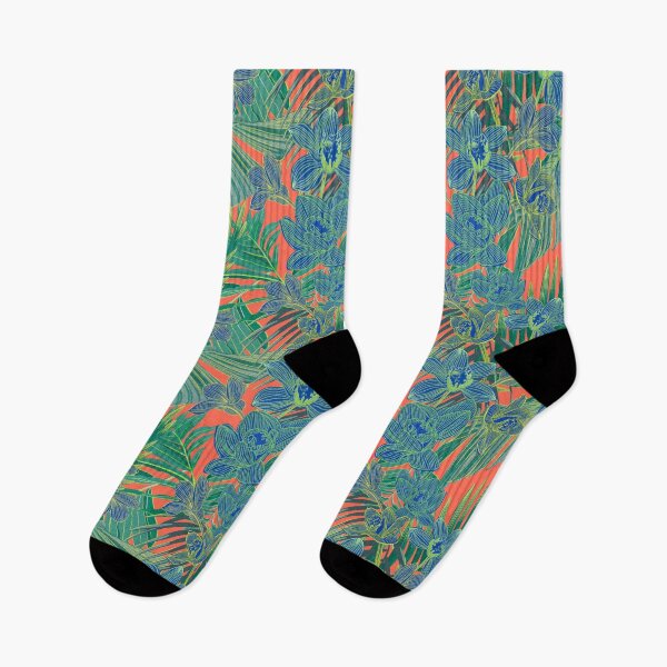Item preview, Copy of tropical pattern with yellow and green and blue exotic foliage with acid orchids on orange background designed and sold by ANAKOTO.