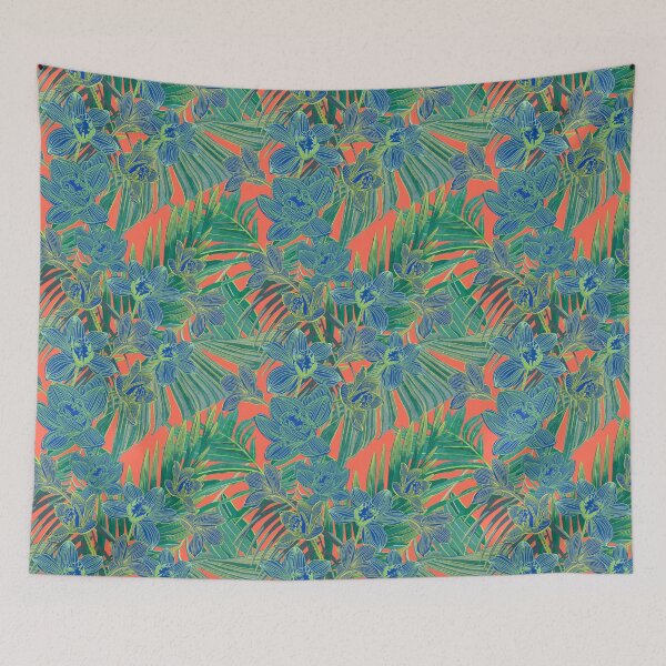 Item preview, Copy of tropical pattern with yellow and green and blue exotic foliage with acid orchids on orange background designed and sold by ANAKOTO.