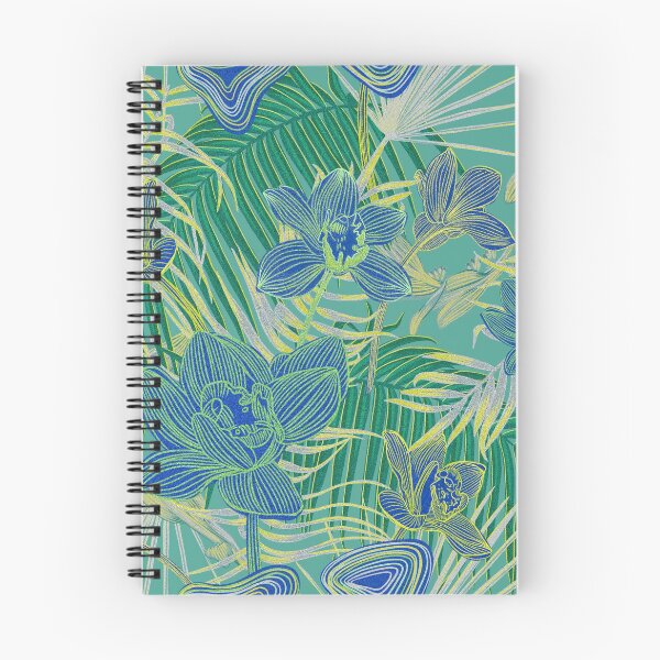 Item preview, Copy of Copy of tropical pattern with yellow and green and blue exotic foliage with acid orchids on orange background designed and sold by ANAKOTO.
