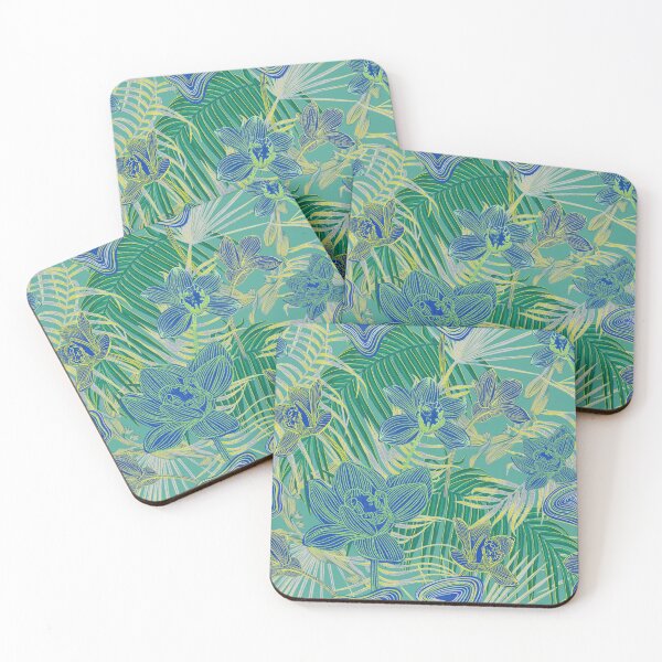 Item preview, Copy of Copy of tropical pattern with yellow and green and blue exotic foliage with acid orchids on orange background designed and sold by ANAKOTO.