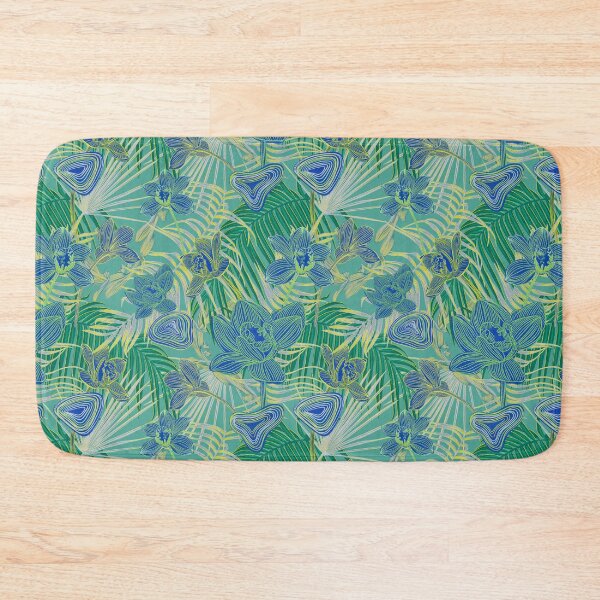 Item preview, Copy of Copy of tropical pattern with yellow and green and blue exotic foliage with acid orchids on orange background designed and sold by ANAKOTO.