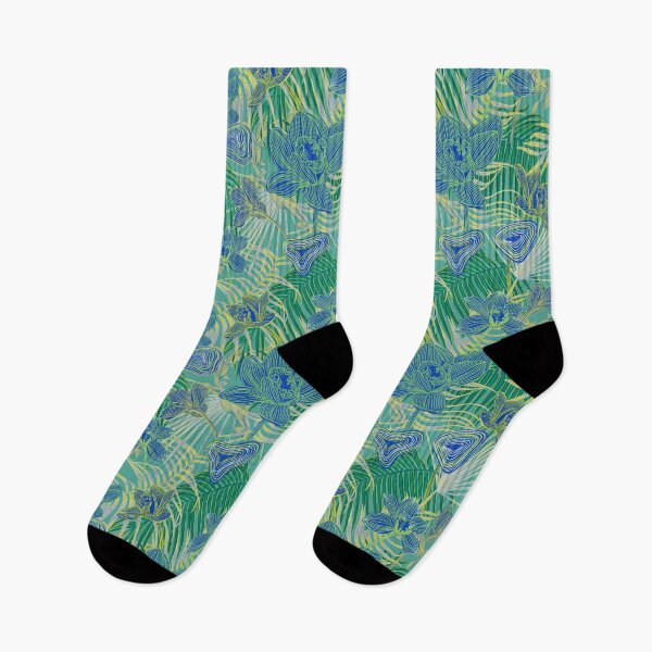 Item preview, Copy of Copy of tropical pattern with yellow and green and blue exotic foliage with acid orchids on orange background designed and sold by ANAKOTO.