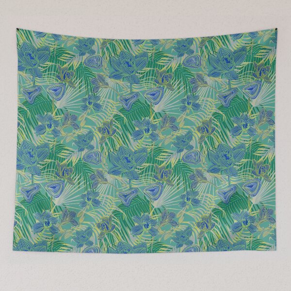Item preview, Copy of Copy of tropical pattern with yellow and green and blue exotic foliage with acid orchids on orange background designed and sold by ANAKOTO.