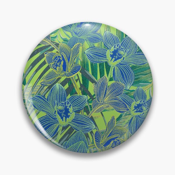 Item preview, tropical pattern with yellow and green and blue exotic foliage with acid orchids on green background designed and sold by ANAKOTO.