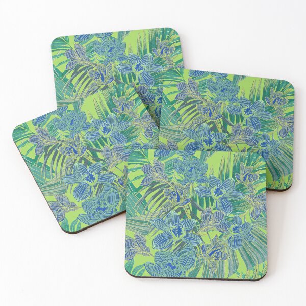 Item preview, tropical pattern with yellow and green and blue exotic foliage with acid orchids on green background designed and sold by ANAKOTO.