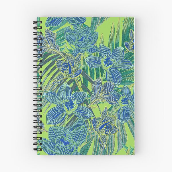 Item preview, tropical pattern with yellow and green and blue exotic foliage with acid orchids on green background designed and sold by ANAKOTO.