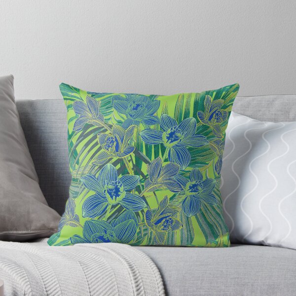 Item preview, tropical pattern with yellow and green and blue exotic foliage with acid orchids on green background designed and sold by ANAKOTO.