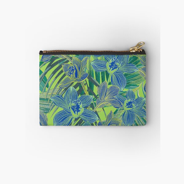 Item preview, tropical pattern with yellow and green and blue exotic foliage with acid orchids on green background designed and sold by ANAKOTO.