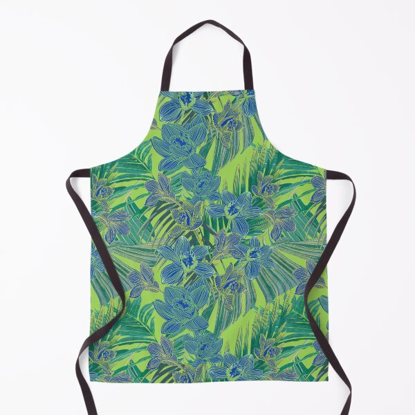 Item preview, tropical pattern with yellow and green and blue exotic foliage with acid orchids on green background designed and sold by ANAKOTO.