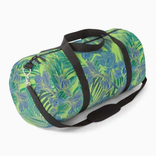 Item preview, tropical pattern with yellow and green and blue exotic foliage with acid orchids on green background designed and sold by ANAKOTO.