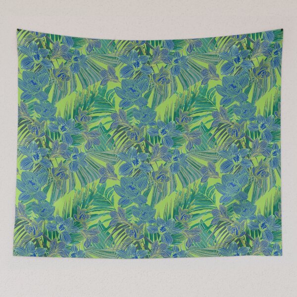 Item preview, tropical pattern with yellow and green and blue exotic foliage with acid orchids on green background designed and sold by ANAKOTO.