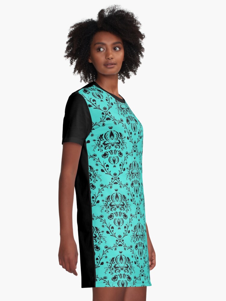 Alternate view of Elegant Black Damask Pattern Turquoise Feminine Graphic T-Shirt Dress