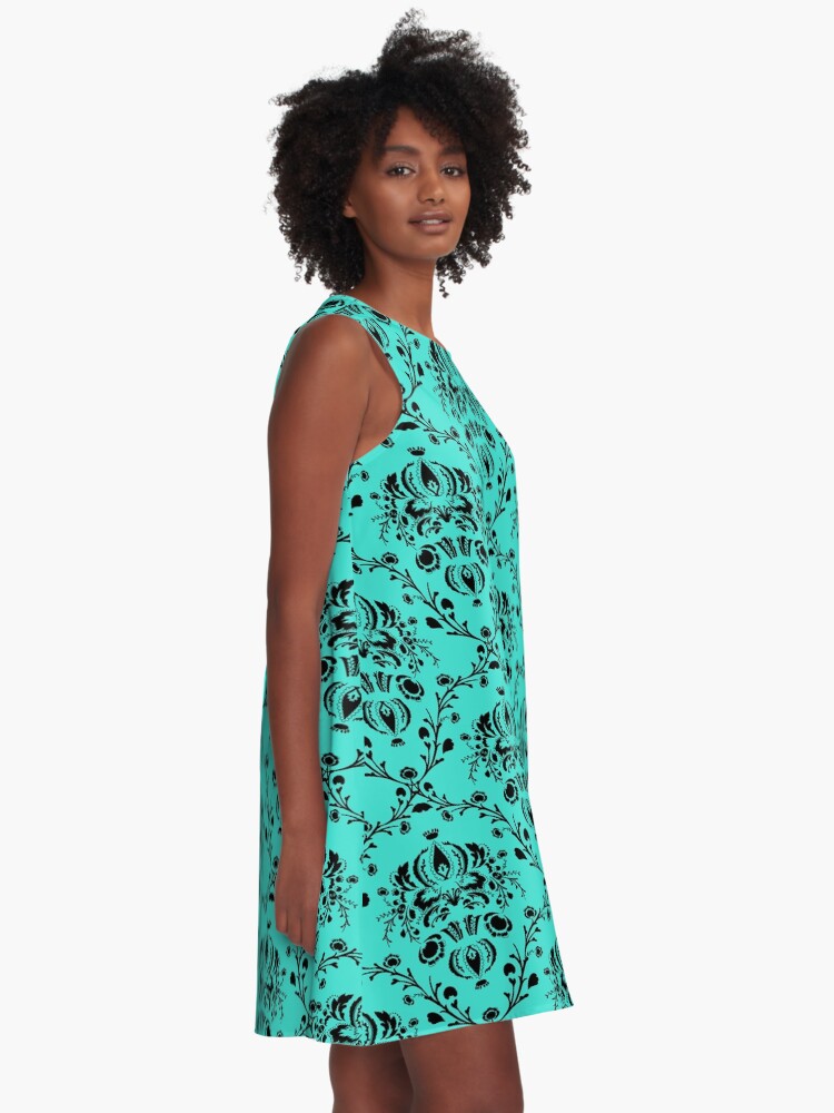 Alternate view of Elegant Black Damask Pattern Turquoise Feminine A-Line Dress