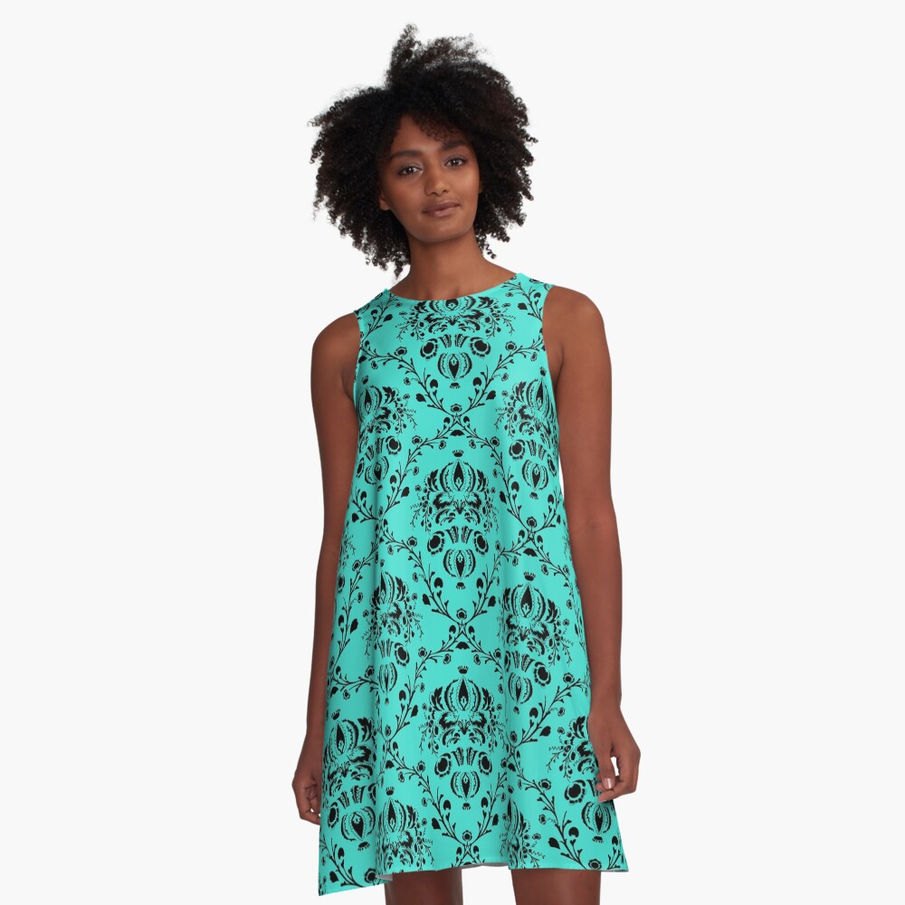 Elegant Black Damask Pattern Turquoise Feminine A-Line Dress