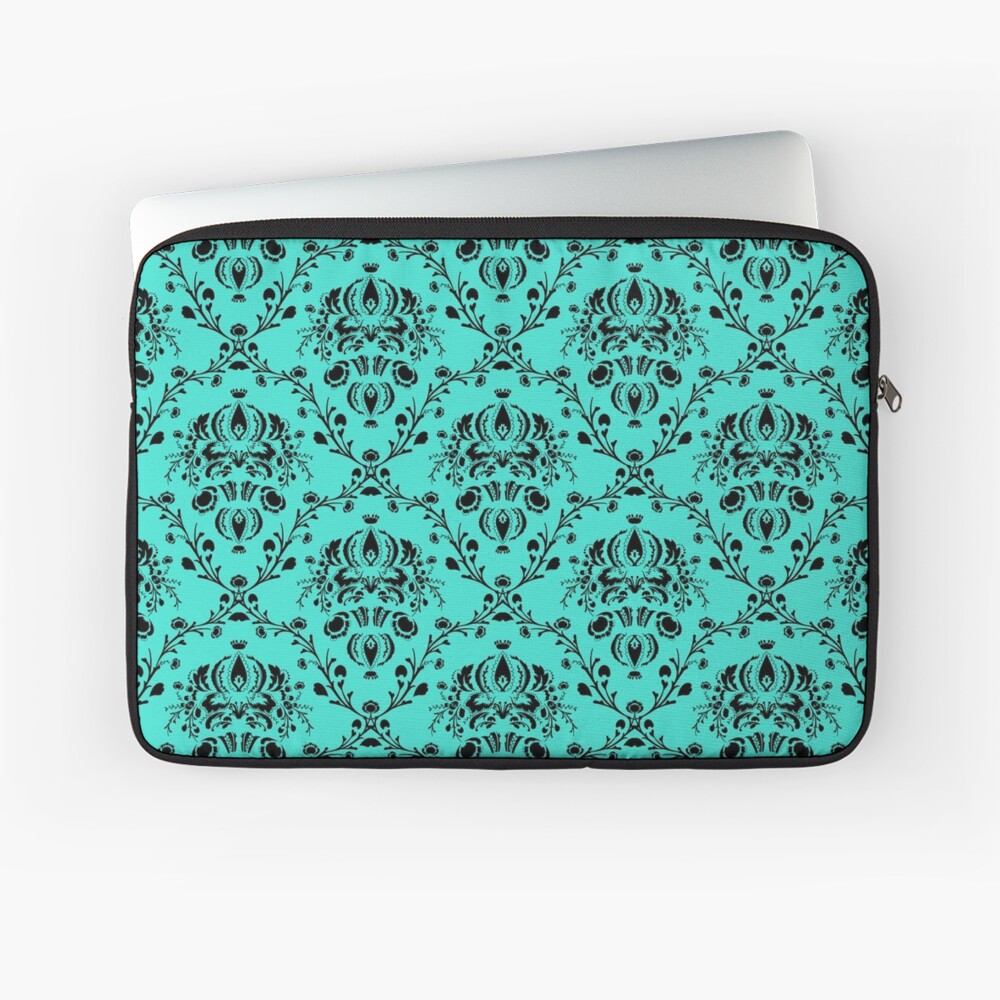 Elegant Black Damask Pattern Turquoise Feminine Laptop Sleeve