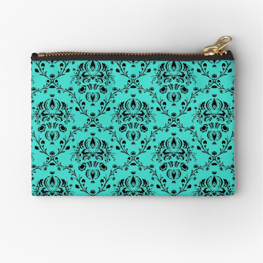 Elegant Black Damask Pattern Turquoise Feminine Zipper Pouch