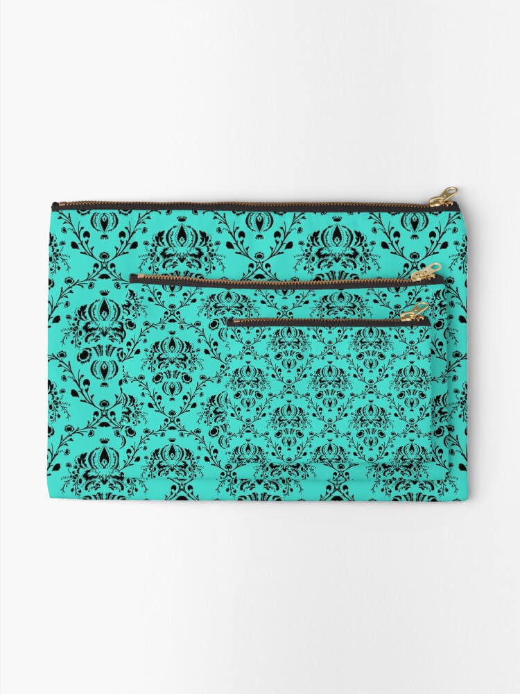 Alternate view of Elegant Black Damask Pattern Turquoise Feminine Zipper Pouch