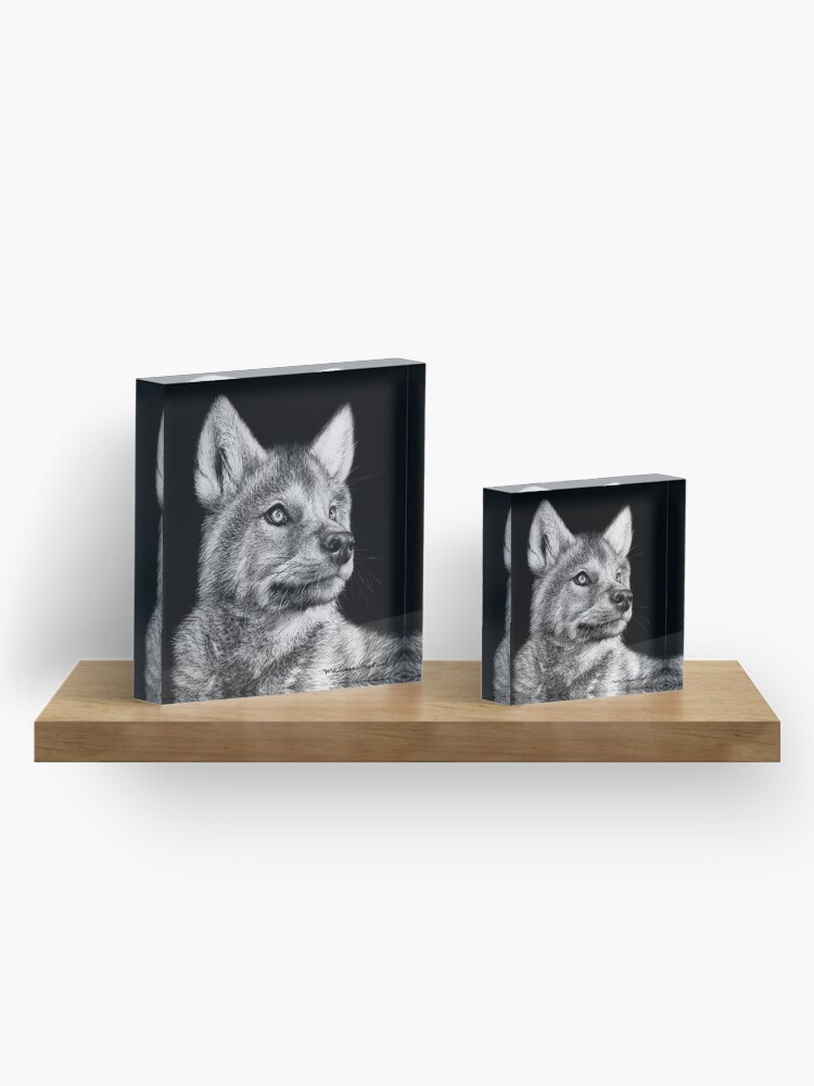 Alternate view of Wolf Pup Black and White Art Acrylic Block