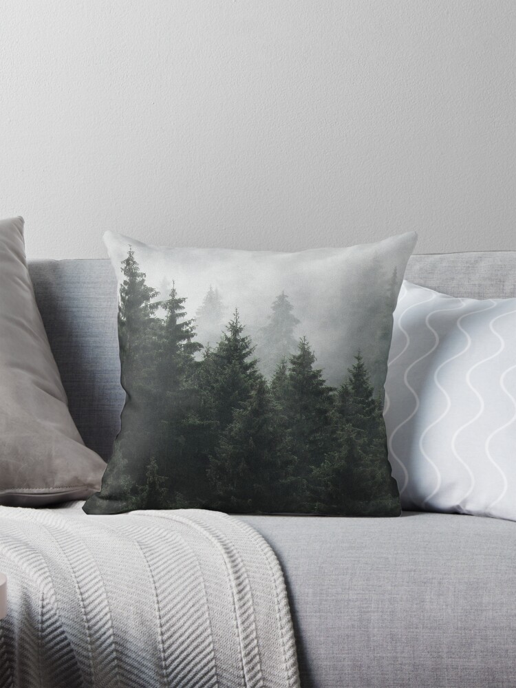 Thumbnail 1 von 4, Kissen, Waiting For // Misty Foggy Fairytale Forest With Cascadia Trees Covered In Magic Fog designt und verkauft von tekay.