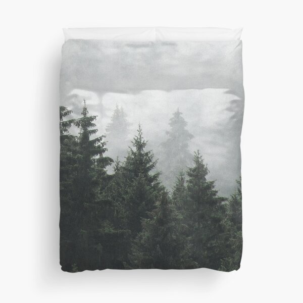 Waiting For // Misty Foggy Fairytale Forest With Cascadia Trees Covered In Magic Fog Duvet Cover