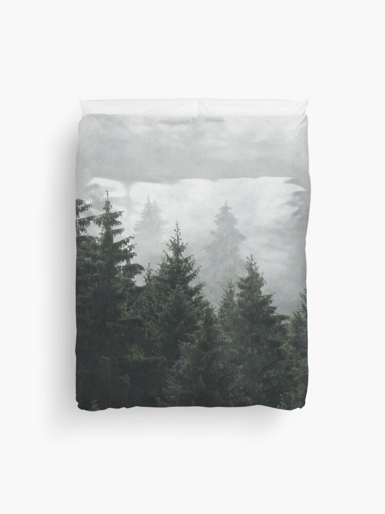 Thumbnail 1 of 2, Duvet Cover, Waiting For // Misty Foggy Fairytale Forest With Cascadia Trees Covered In Magic Fog designed and sold by tekay.