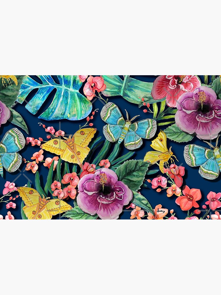 Blue butterfly and tropical hibiscus jungle floral Moody Blue Floral Jungle tropical with orchids, hibiscus, palms and tropical moths by MagentaRose