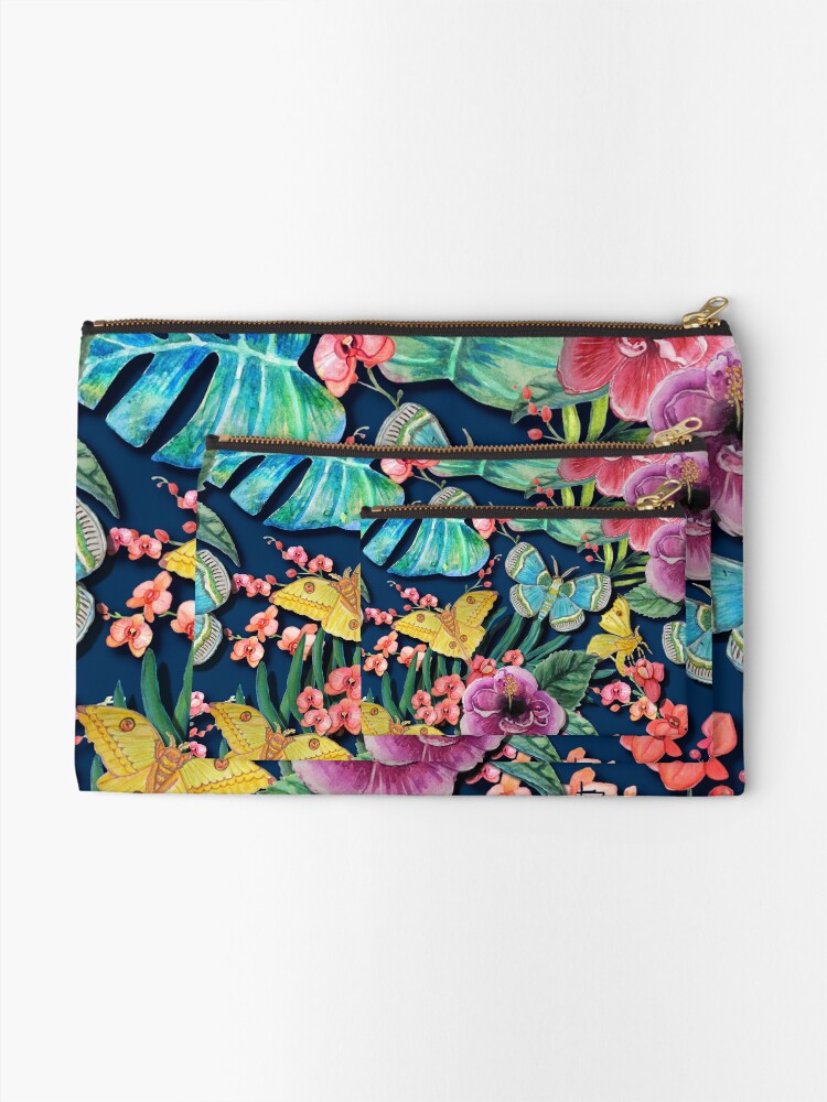 Alternate view of Blue butterfly and tropical hibiscus jungle floral Moody Blue Floral Jungle tropical with orchids, hibiscus, palms and tropical moths Zipper Pouch