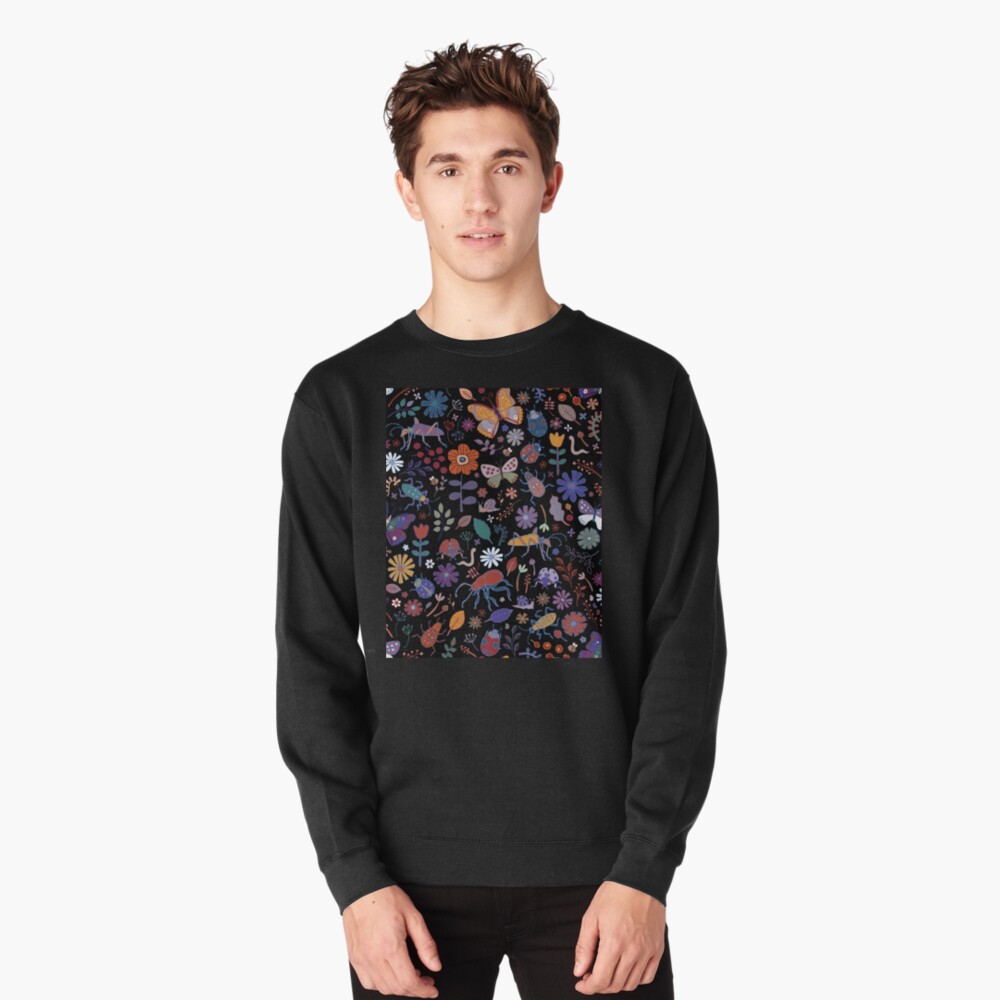 Butterflies, beetles and blooms - black - pretty floral pattern by Cecca Designs Pullover Sweatshirt