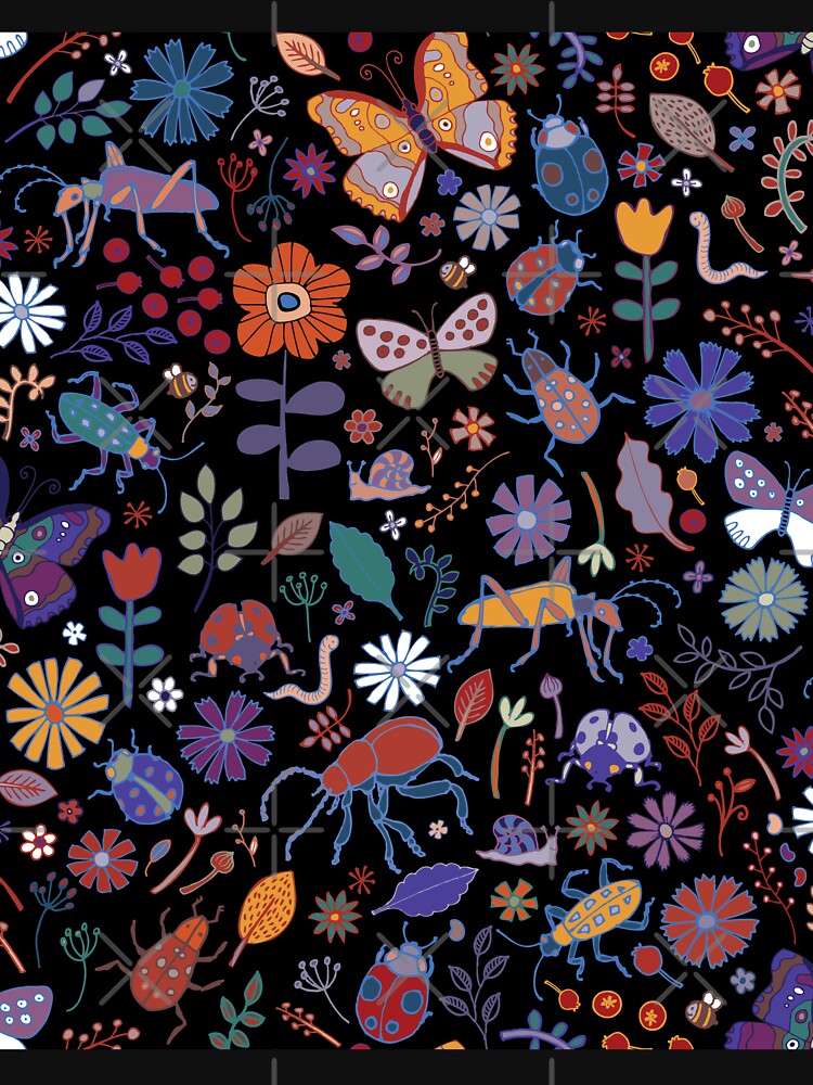 Butterflies, beetles and blooms - black - pretty floral pattern by Cecca Designs by Cecca-Designs