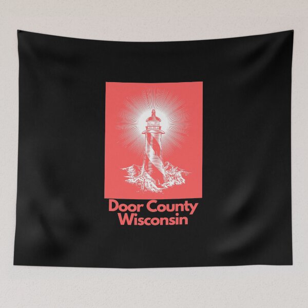 Item preview, Door County Wisconsin Lighthouse Waves Beacon Rocks Graphic Drawing Picture Design Lake Michigan Travel Vacation Camping Light Red Color and Black designed and sold by fineartprints1.