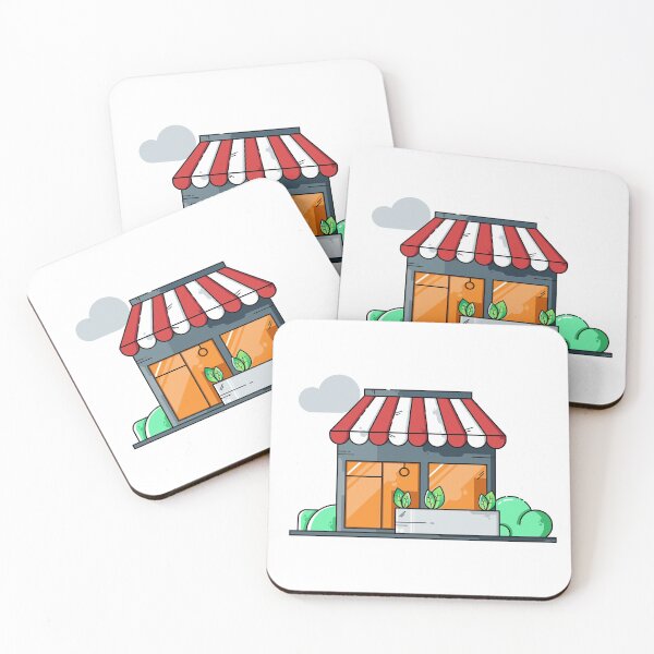 Item preview, Illustration shop with red and white striped awning. Clouds and green plants designed and sold by ByMonStudio.