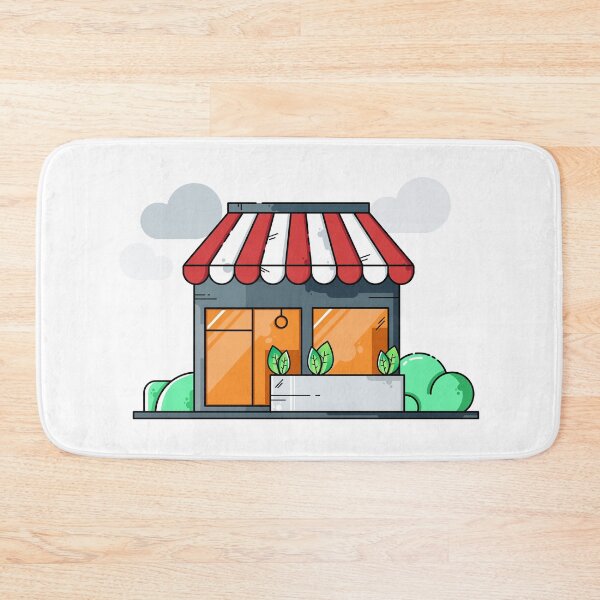 Item preview, Illustration shop with red and white striped awning. Clouds and green plants designed and sold by ByMonStudio.