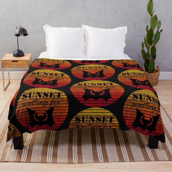 Item preview, The black bat and text - Waiting for sunset - on the vintage yellow and red summer sunset background designed and sold by IraNiva.