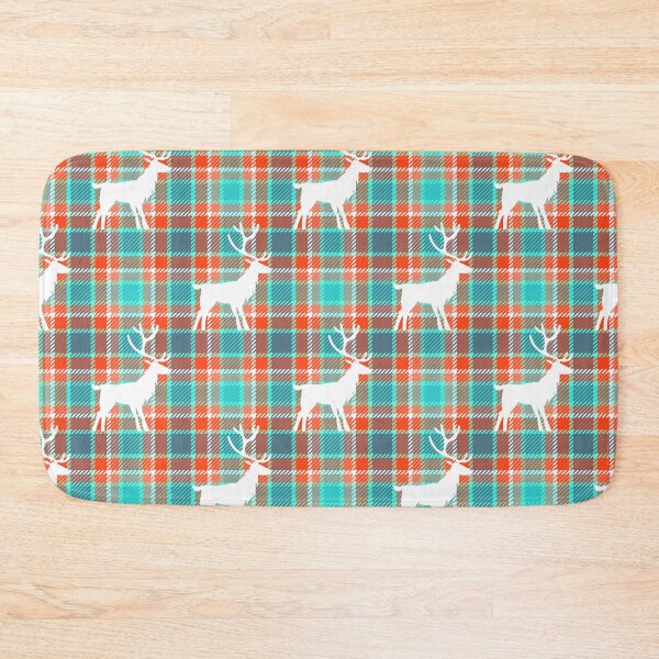 Item preview, White indeer silhouette on turquoise and orange tartan plaid. Christmas pattern designed and sold by Osting.