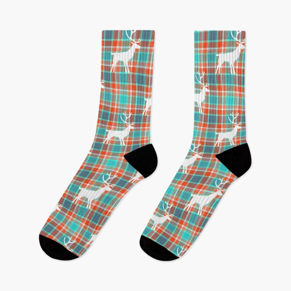 Item preview, White indeer silhouette on turquoise and orange tartan plaid. Christmas pattern designed and sold by Osting.