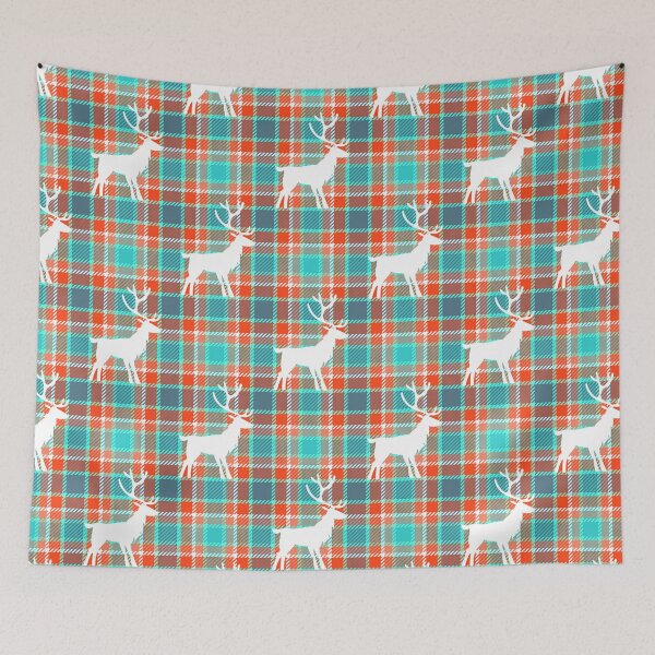 Item preview, White indeer silhouette on turquoise and orange tartan plaid. Christmas pattern designed and sold by Osting.