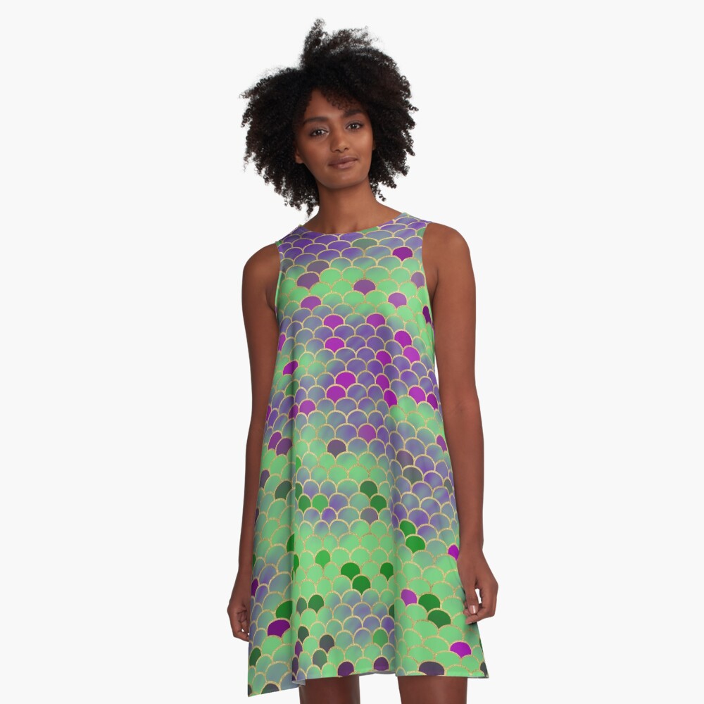 Green and Purple Mermaid Scales A-Line Dress