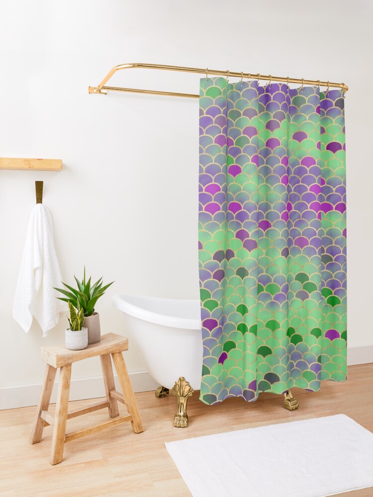 Alternate view of Green and Purple Mermaid Scales Shower Curtain