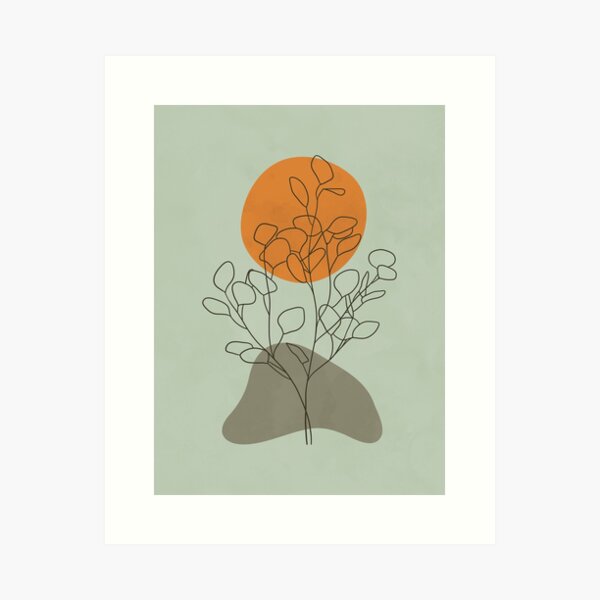 Minimalist landscape art with a eucalyptus tree and a sun shape Art Print