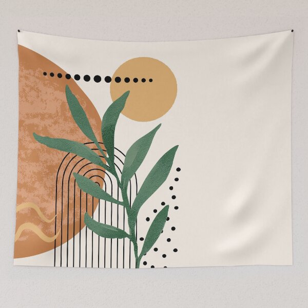 Item preview, Green Minimalist Eucalyptus Twig Branch Abstract Watercolor Tropical Boho geometry Art warm earthy tones pastel colors solid soft gradient shapes arc faded orange sun designed and sold by AbstractTrace.