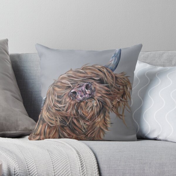 Cassy McSassy. Highland cow, hairy cow, Heilan Scottish coo art by award-winning UK artist Sam Fenner Throw Pillow