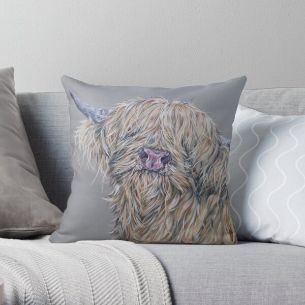 Goldilochs. Highland cow, hairy cow, Heilan Scottish coo art by award-winning UK artist Sam Fenner Throw Pillow