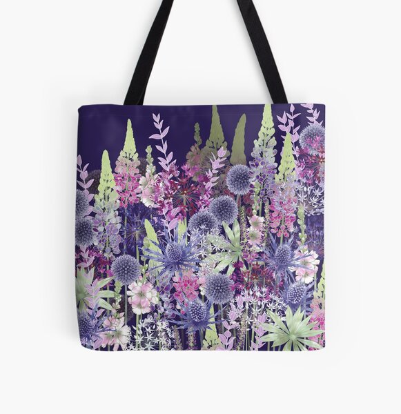 Flower Meadow - Echinops, Lupins, Sea Holly, Alliums, Sidalcea All Over Print Tote Bag