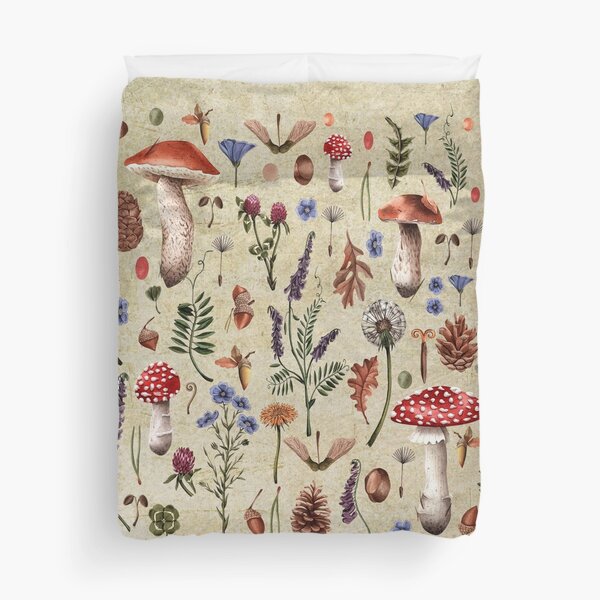 Retro botanical mushrooms, wildflowers décor, neutral colors floral design Duvet Cover